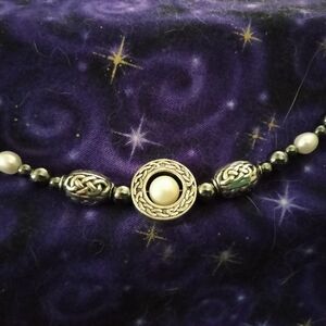 Beady Jewellery Pearl and Hematite Necklace with Celtic Beadwork 16 inch NEW